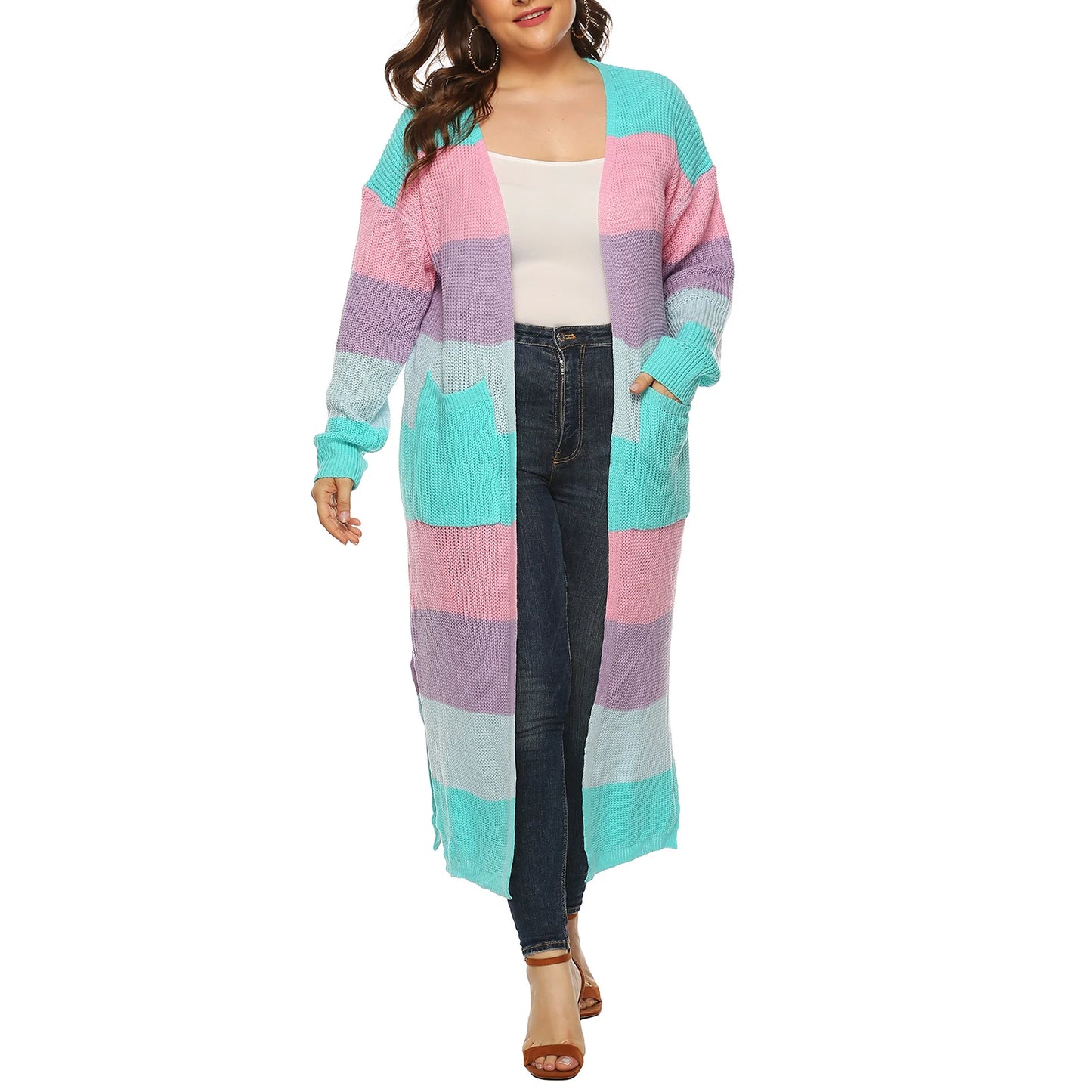Women's Open Front Long Cardigan Sweater with Pockets Long Sleeve Contrast Color Fall Casual Jacket Coat for Women