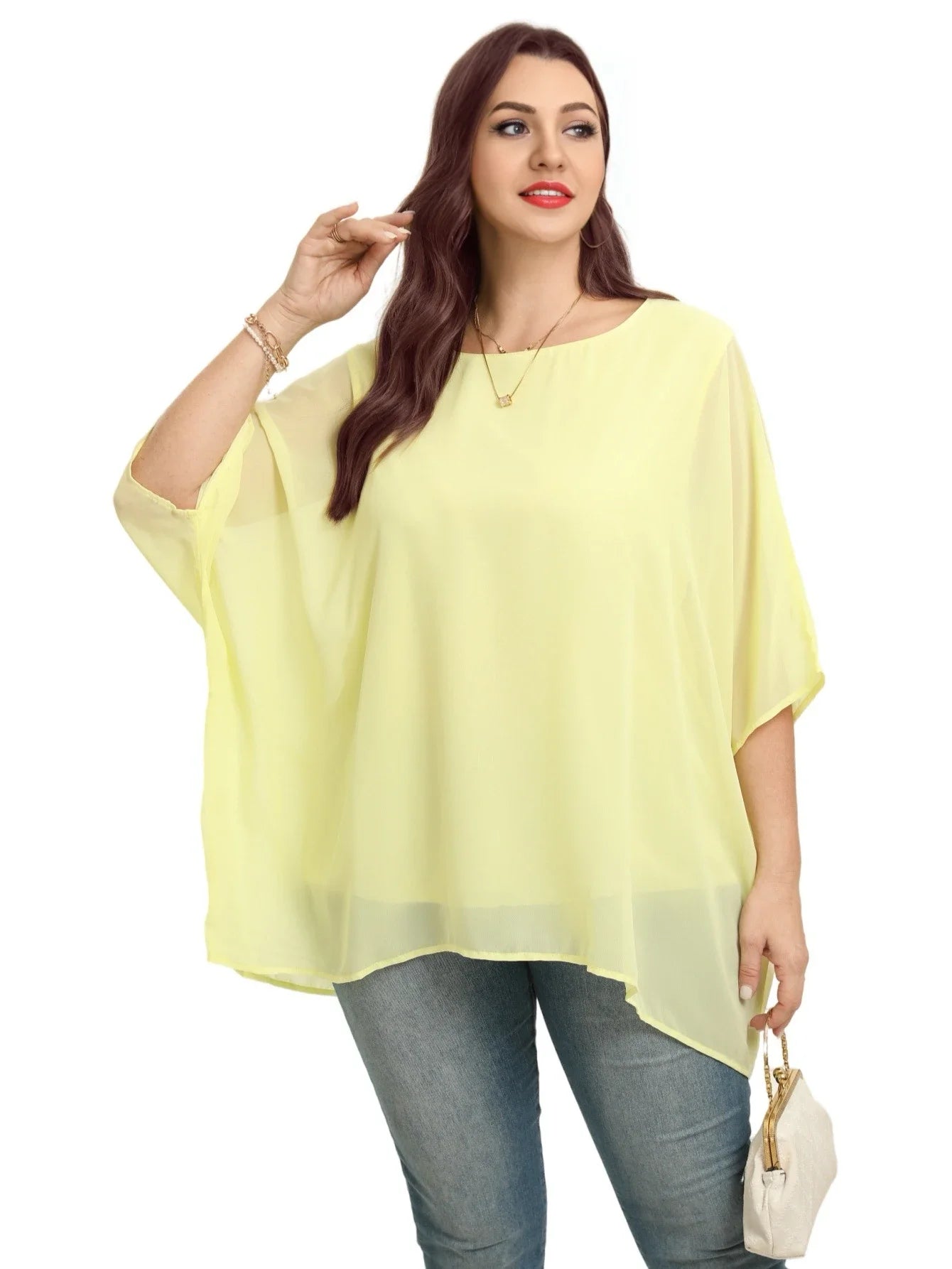 Womens Plus Size Elegant Summer Blouse Batwing Sleeve Oversized Chiffon Blouse Scoop Neck Large Size Casual Tunic Top Shirt 2XL