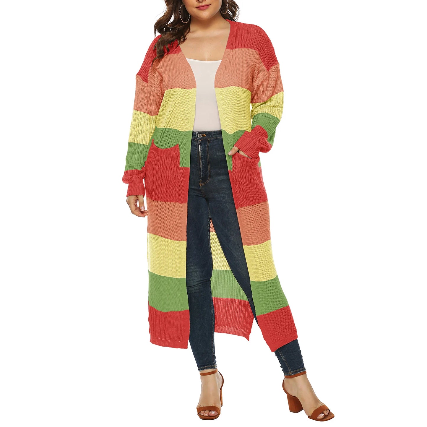 Women's Open Front Long Cardigan Sweater with Pockets Long Sleeve Contrast Color Fall Casual Jacket Coat for Women