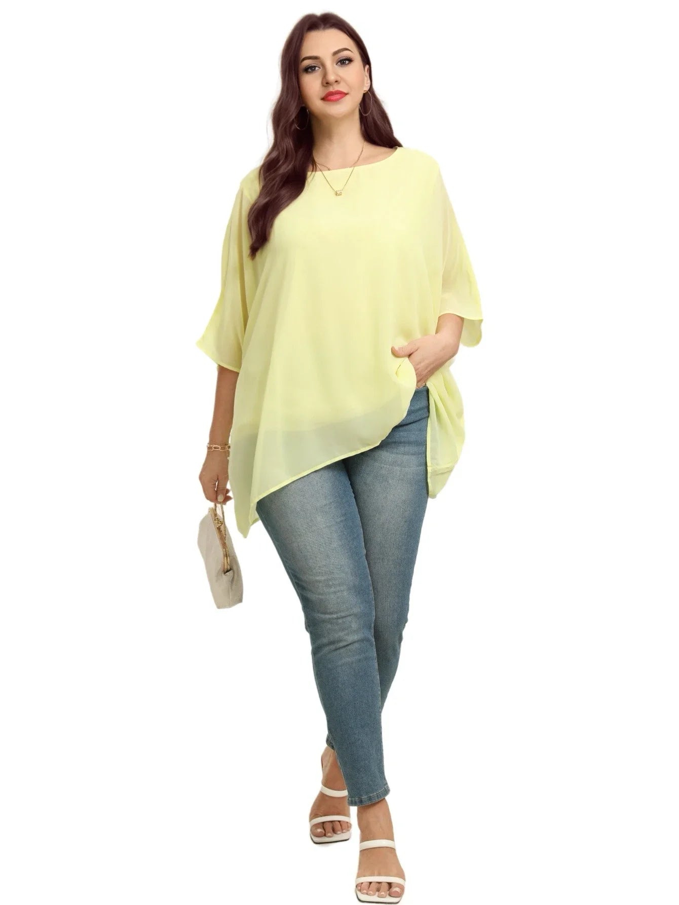 Womens Plus Size Elegant Summer Blouse Batwing Sleeve Oversized Chiffon Blouse Scoop Neck Large Size Casual Tunic Top Shirt 2XL