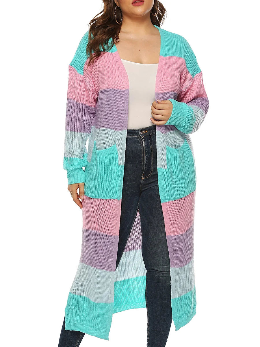 Women's Open Front Long Cardigan Sweater with Pockets Long Sleeve Contrast Color Fall Casual Jacket Coat for Women