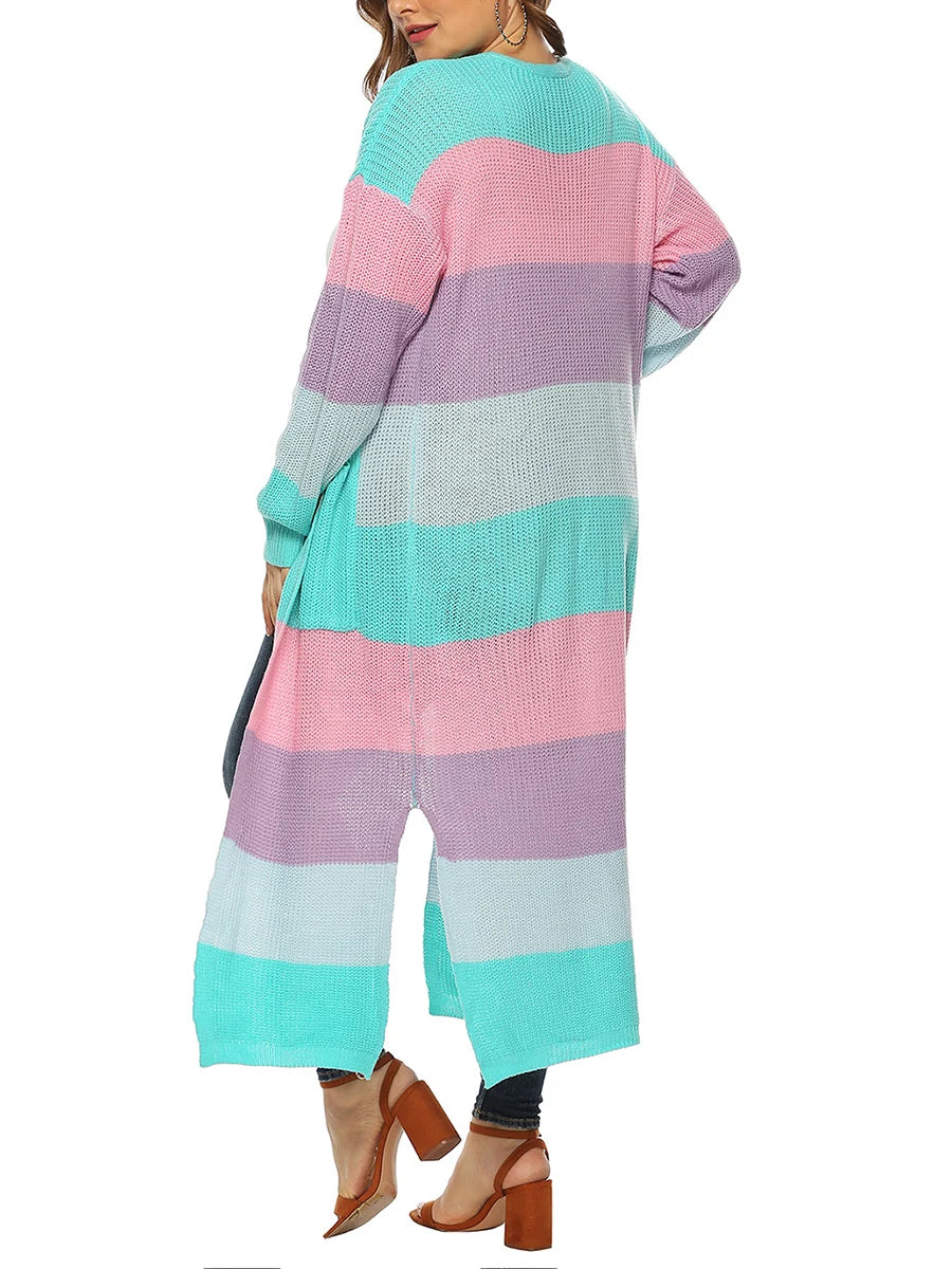 Women's Open Front Long Cardigan Sweater with Pockets Long Sleeve Contrast Color Fall Casual Jacket Coat for Women