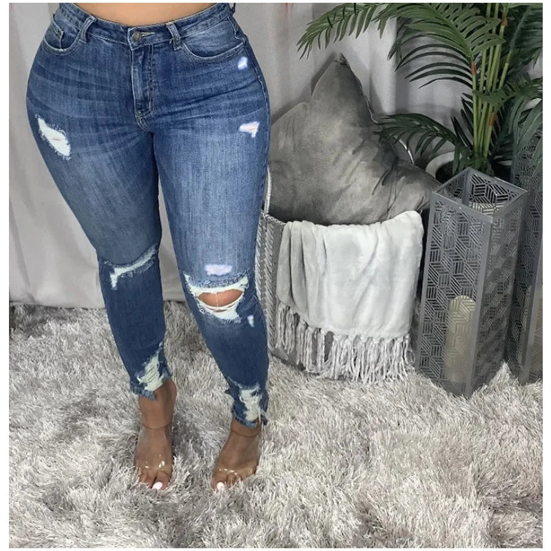 Women's Plus Size Jeans Ripped High Waisted Pencil Skinny Fit Blue Denim Pants Columbia Stretchy Jean Distressed