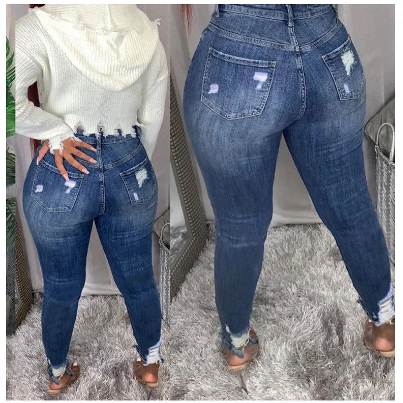 Women's Plus Size Jeans Ripped High Waisted Pencil Skinny Fit Blue Denim Pants Columbia Stretchy Jean Distressed