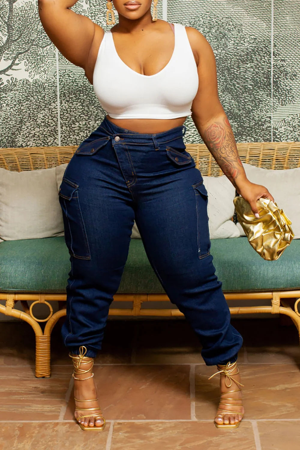 Plus Size Blue Daily Denim Asymmetric Waist With Pocket Cargo Jeans