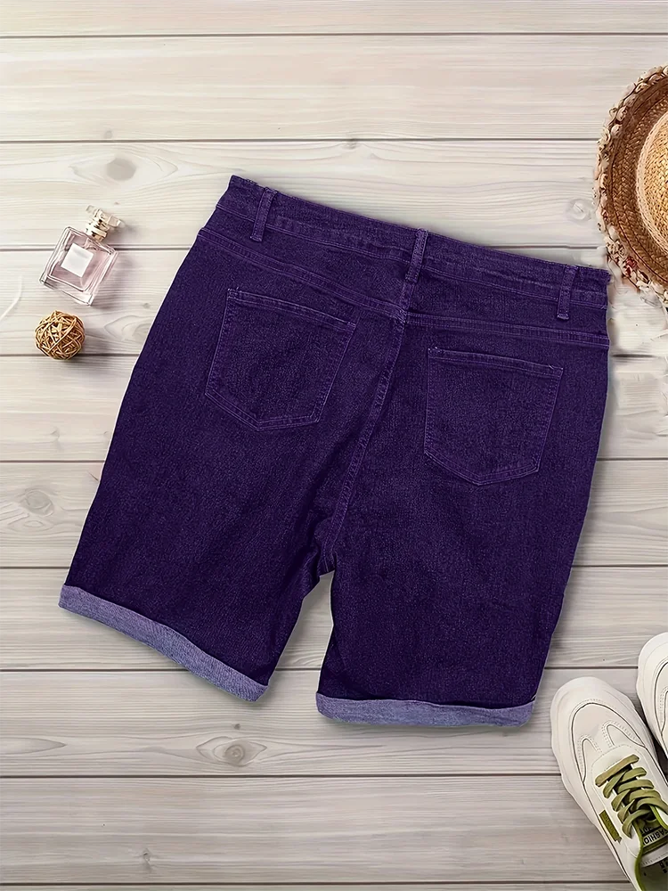 Women Curled Holes Denim Shorts Spring Summer Fashion Comfort Casual Solid Skinny Pencil Short Plus Size Mid Waist Stretchy Jean