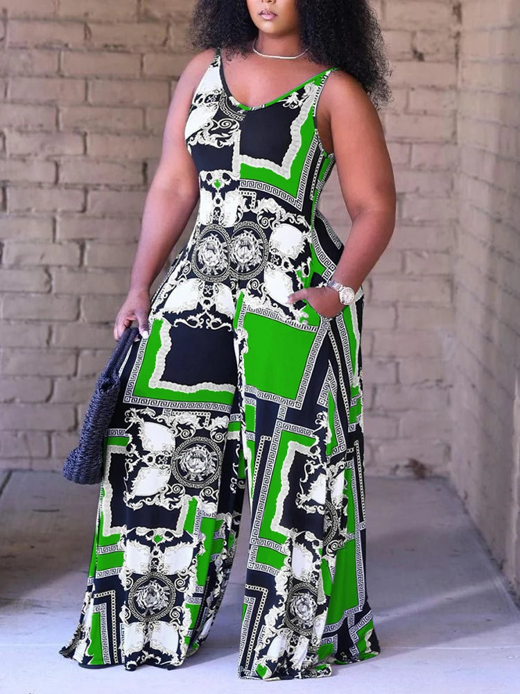Plus Size Casual Jumpsuit, Women's Plus Colorblock Scarf Print Round Neck Wide Leg Cami Jumpsuit