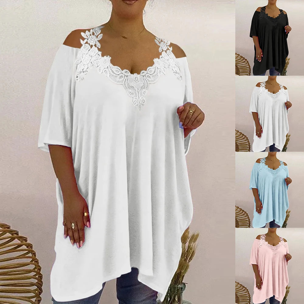 Plus Size Women's Lace V-Neck Tunic Tops Summer Cold Shoulder Casual Loose Shirt Oversized Ladies Fashion Clothes Clothing
