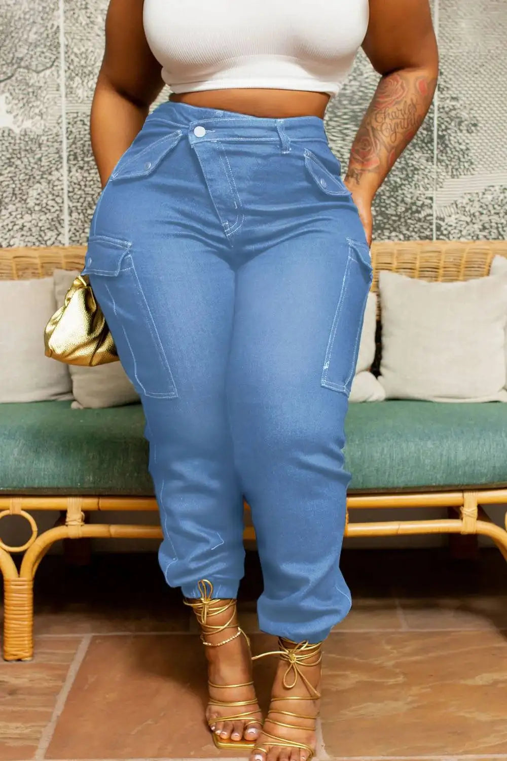 Plus Size Blue Daily Denim Asymmetric Waist With Pocket Cargo Jeans