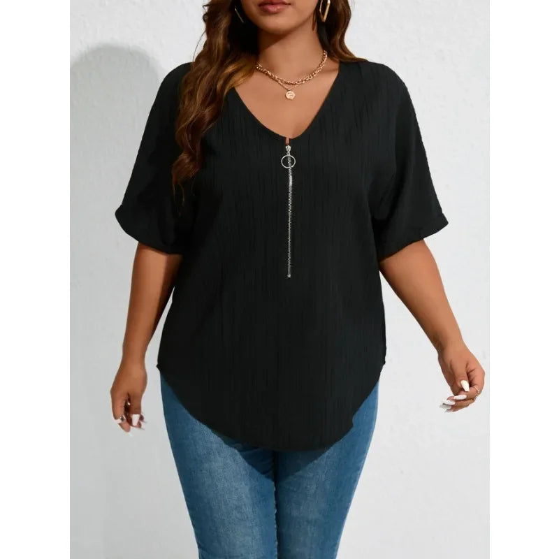 Plus Size 1XL-8XL Summer Women's Simple Solid Color T-shirt Tops Ladies Fashionable V-neck Short Sleeved Zippered T-shirt