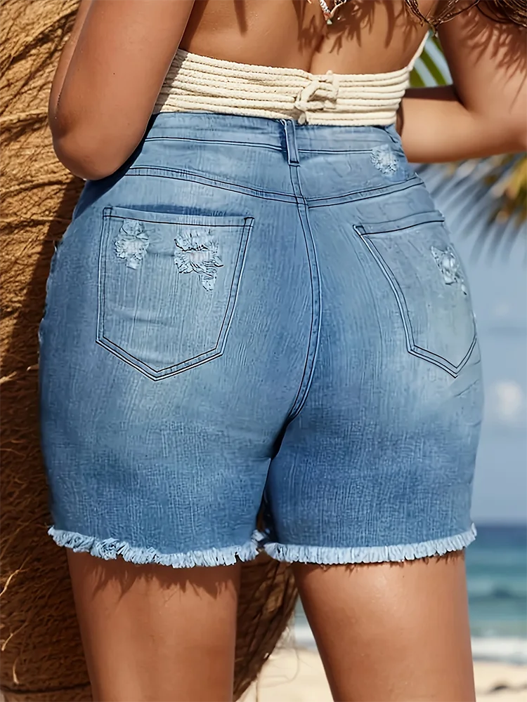 Summer Stretchy Holes Denim Shorts Women Fashion Current Raw Edge Hot Pants Mid Waist Plus Size Jeans Solid Skinny Pencil Short