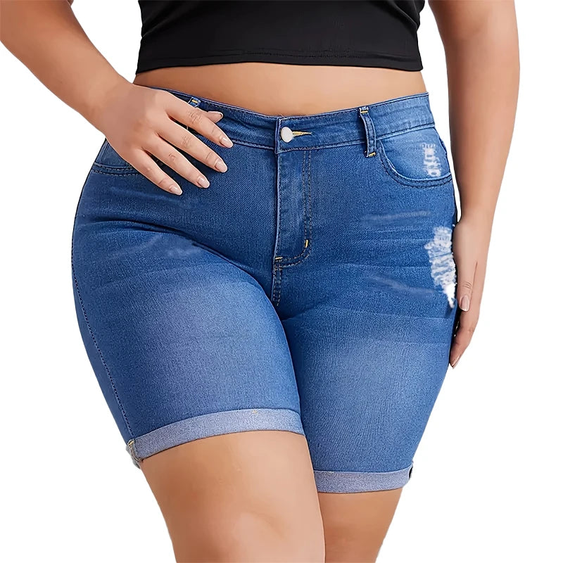 Stylish Curled Holes Denim Shorts Women Hot Pants Classic Solid Skinny Pencil Short Comfort Plus Size Mid Waist Stretchy Jeans