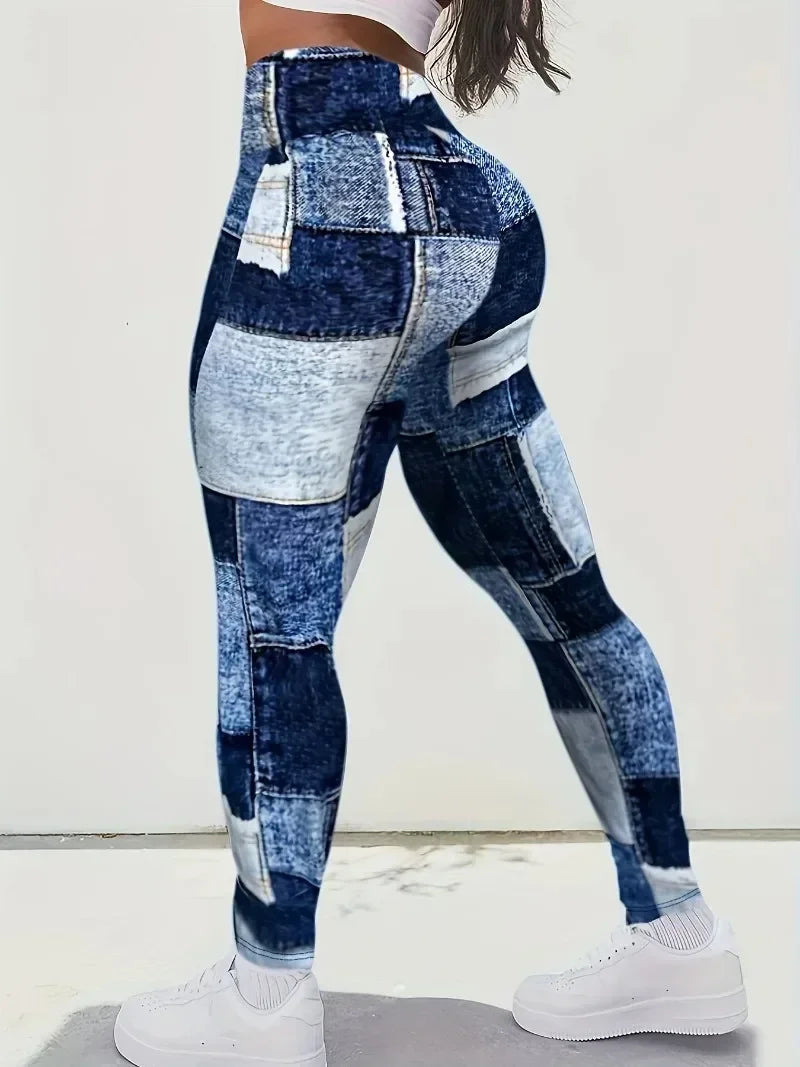 Women's Plus Size Casual Tights High Waist Sports Pants Casual Colored Slim Fit Pants Imitation Denim Tight Leggings