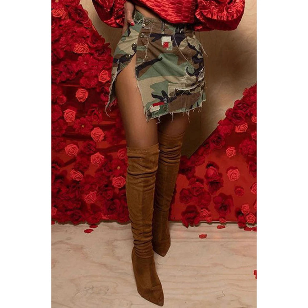 Plus Size Camo Daily Camoflage Slit Button Skirts