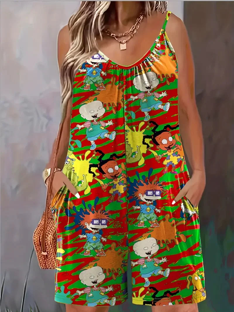 Plus Size Cartoon Print Slip Romper, Casual Ruched Crew Neck Sleeveless Pockets Romper, Women's Plus Size Clothing
