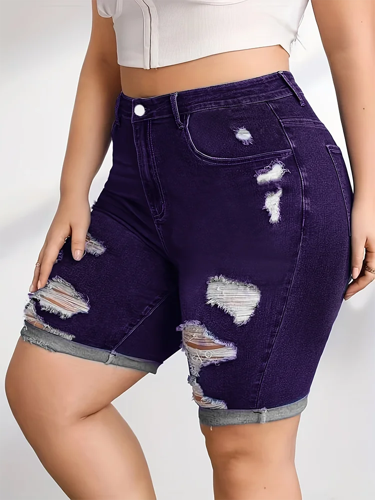 Women Curled Holes Denim Shorts Spring Summer Fashion Comfort Casual Solid Skinny Pencil Short Plus Size Mid Waist Stretchy Jean