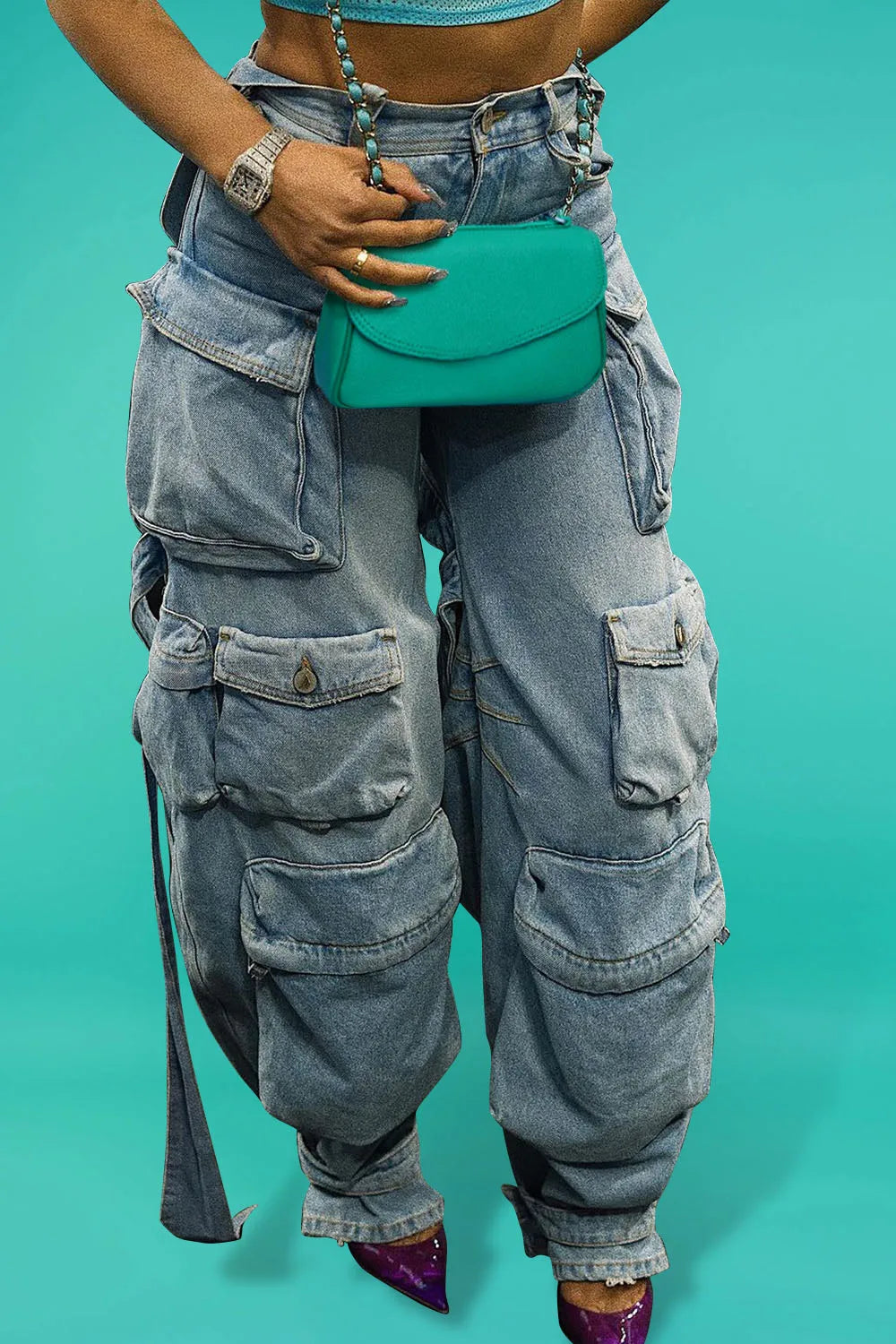 Plus Size Daily Light Blue Spring Summer Pocket Cargo Denim Jeans High Street Harajuku High Waist Casual Loose Denim Trousers