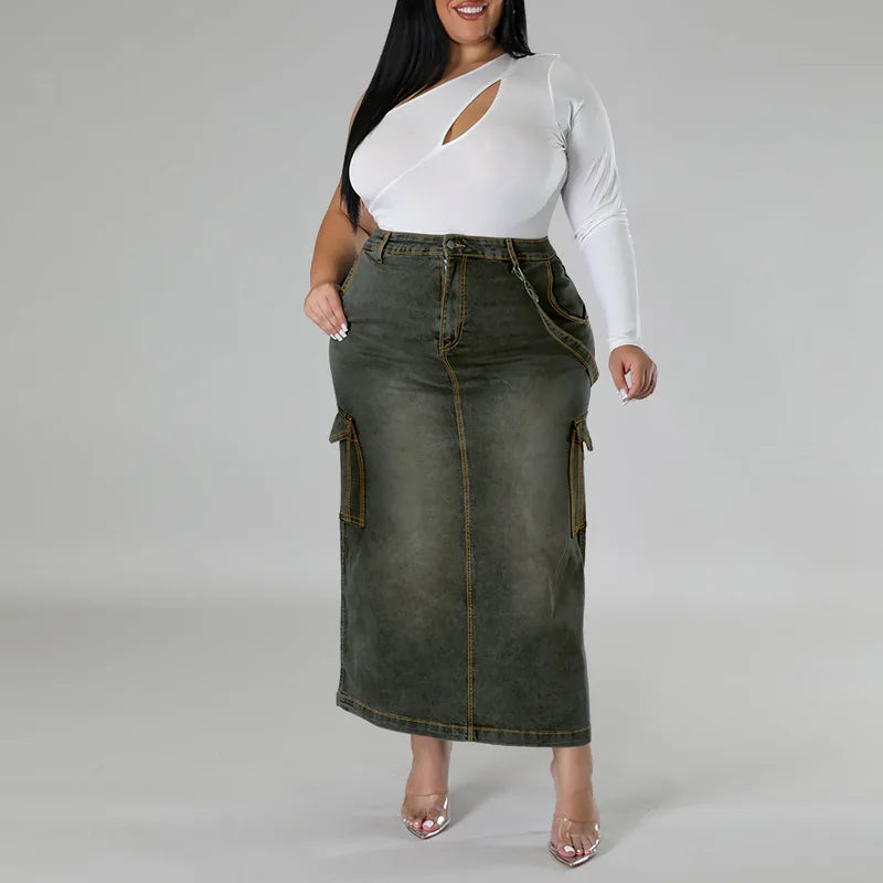Plus Size Casual Denim Long Skirt Spring Summer High Waist Jean Maxi Skirts with Pockets Oversized Bottoms XL-5XL Jeans Clothes