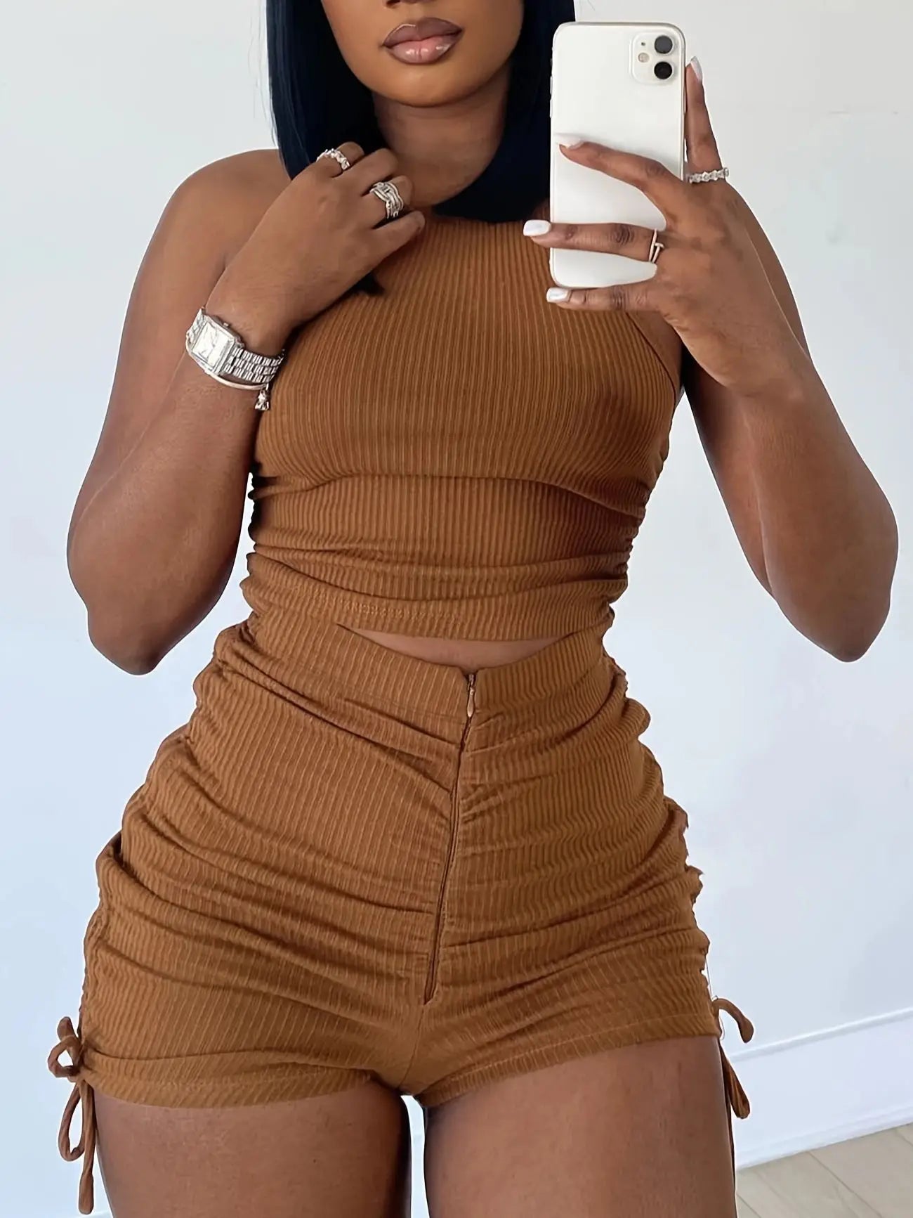 LW Plus Size Rib Knit Ruched Drawstring Shorts Set Summer High Elasticity Women's Set Tank Top and Ruched Shorts Two Piece Set