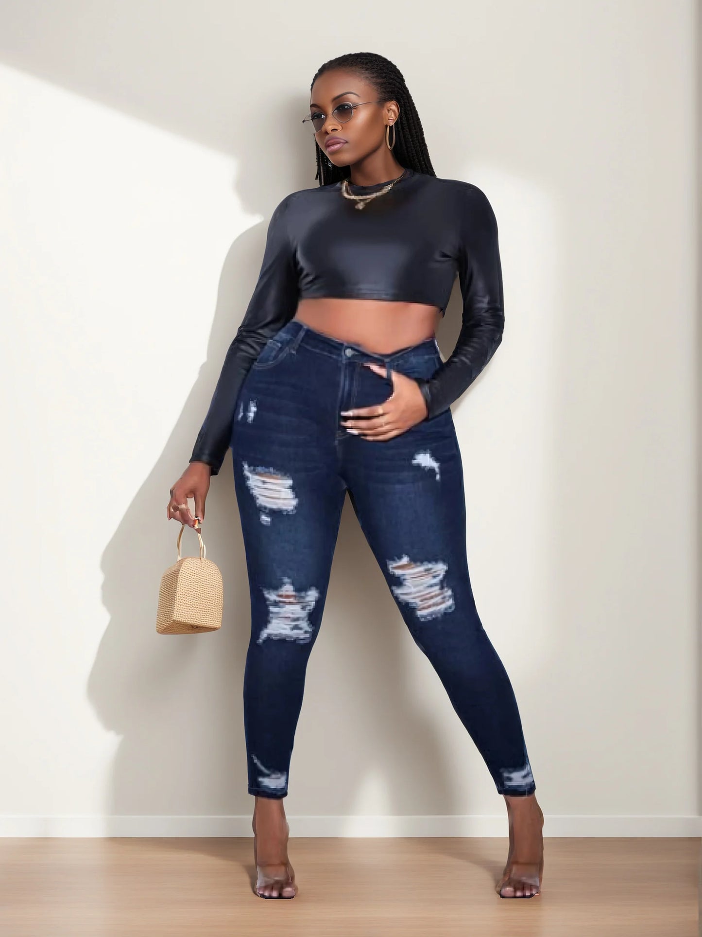 Women's plus size ripped jeans tight hip lifting