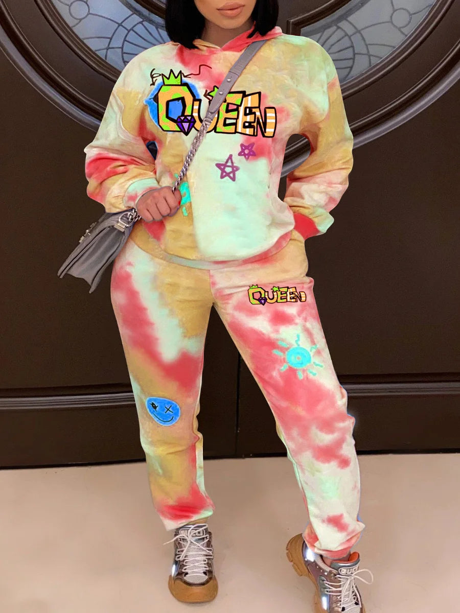 3XL LW Plus Size Autumn&Winter Long Sleeve Queen Star Letter Print Tie Dye Hooded Collar Loose Tracksuit Daily Set
