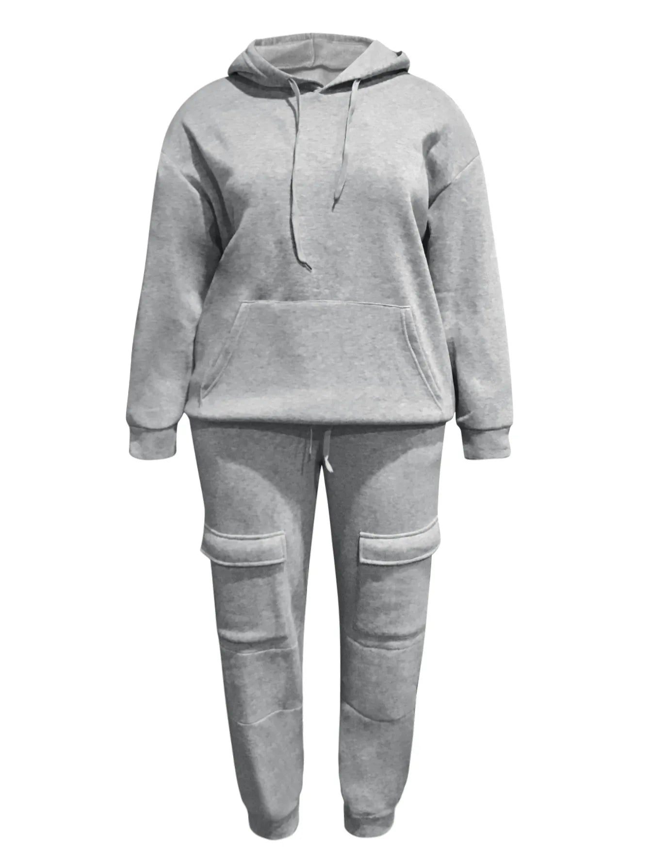 4XL 5XL LW Women Autumn&Winter Plus Size Casual Plain Hooded Collar Long Sleeve Kangaroo Pocket Two Pieces Tracksuit Sets