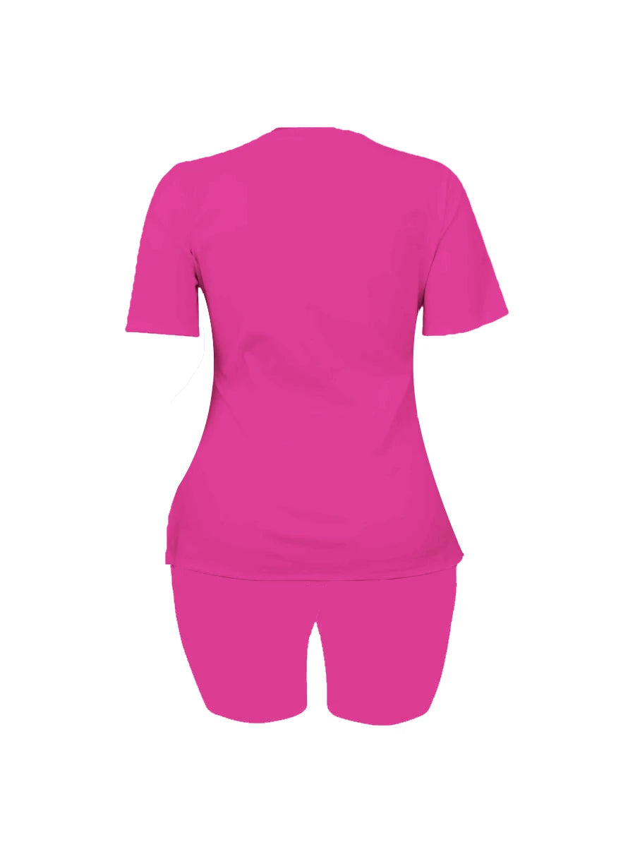 L-5XL LW Plus Size Pink Letter Print Shorts Set Summer Round Neck Skinny 2pcs Women Casual Two Pieces Shorts Set Daily Outfit