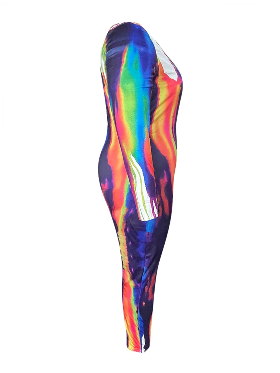 LW Plus Size SXY Pattern Print Jumpsuit 2024 Women One Piece Outfit Square Collar Tie Dye Long Sleeve Strip Long Romper Suits