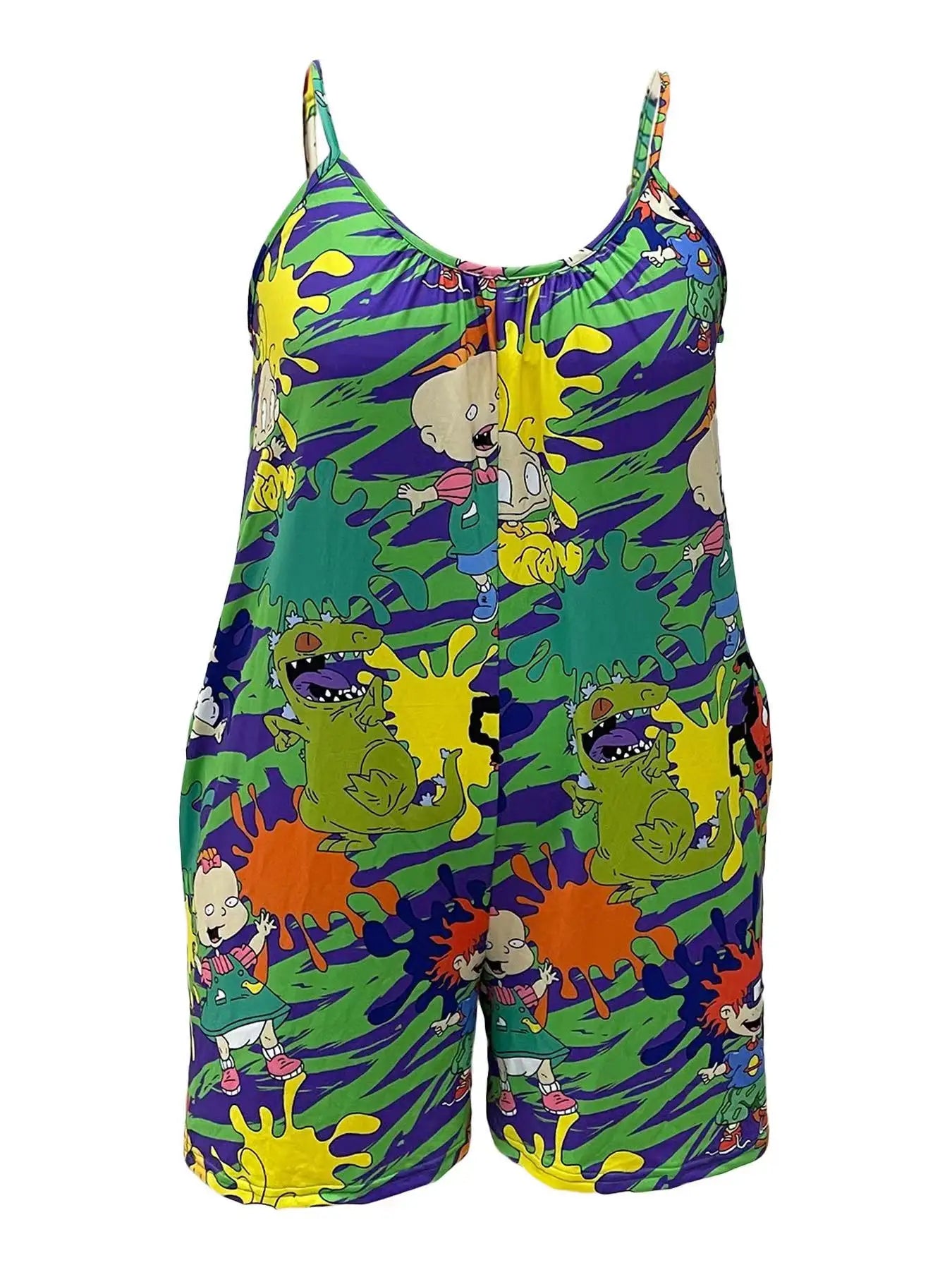 Plus Size Cartoon Print Slip Romper, Casual Ruched Crew Neck Sleeveless Pockets Romper, Women's Plus Size Clothing