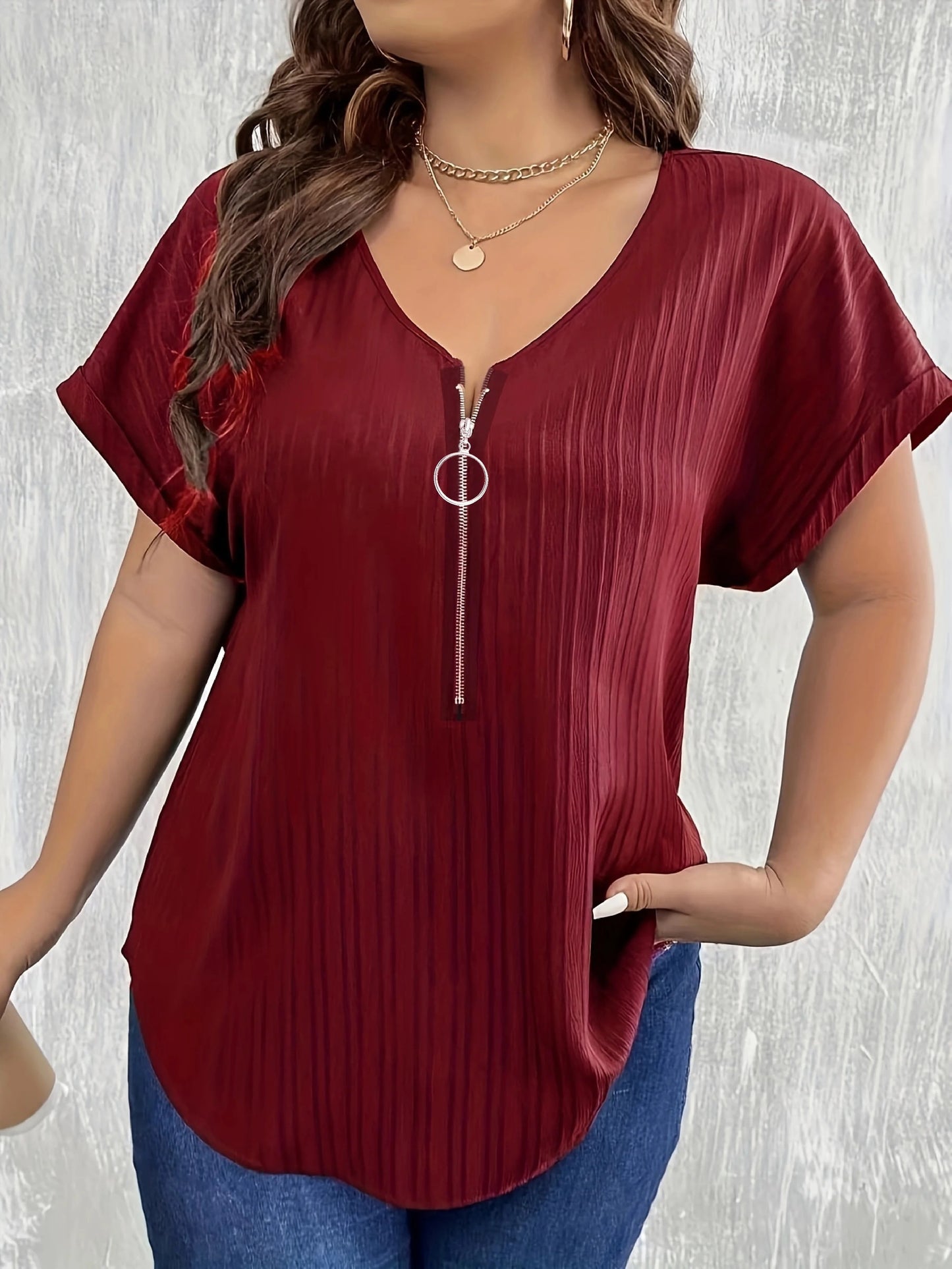 Plus Size 1XL-8XL Summer Women's Simple Solid Color T-shirt Tops Ladies Fashionable V-neck Short Sleeved Zippered T-shirt