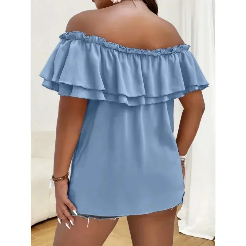 Women's Summer New Plus Size 1XL-5XL Ladies Casual Temperament Solid Color Fashion Short Sleeve Shirt One Shoulder Bow Top