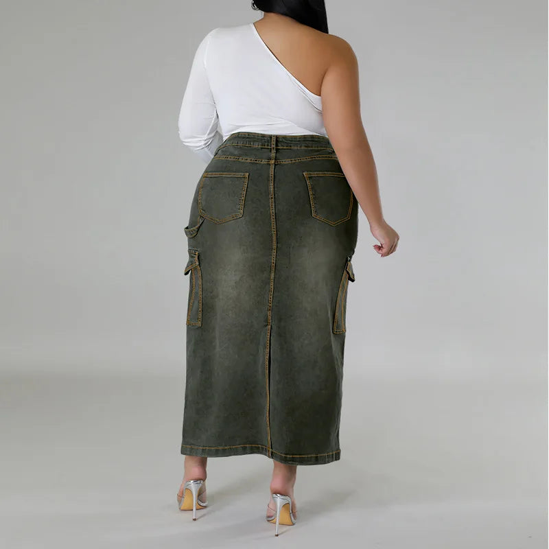 Plus Size Casual Denim Long Skirt Spring Summer High Waist Jean Maxi Skirts with Pockets Oversized Bottoms XL-5XL Jeans Clothes