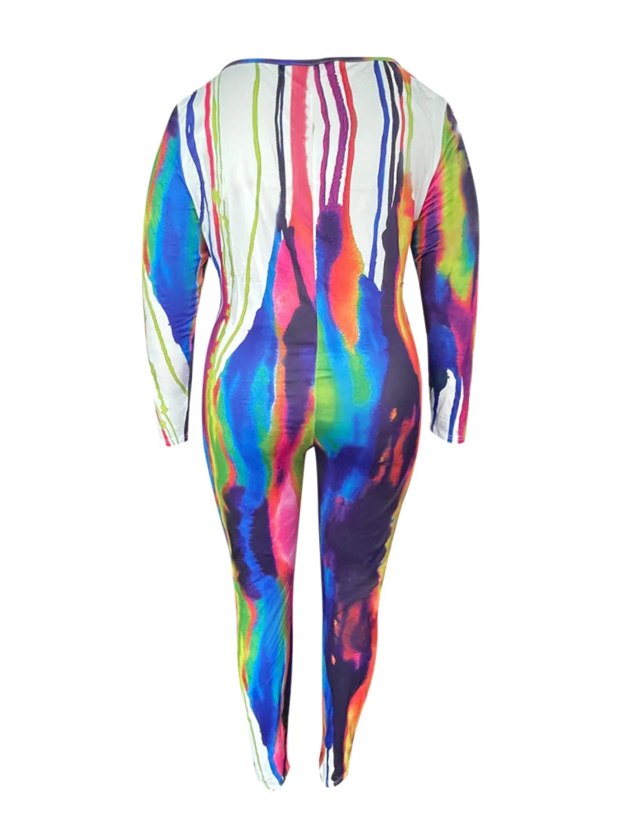 LW Plus Size SXY Pattern Print Jumpsuit 2024 Women One Piece Outfit Square Collar Tie Dye Long Sleeve Strip Long Romper Suits