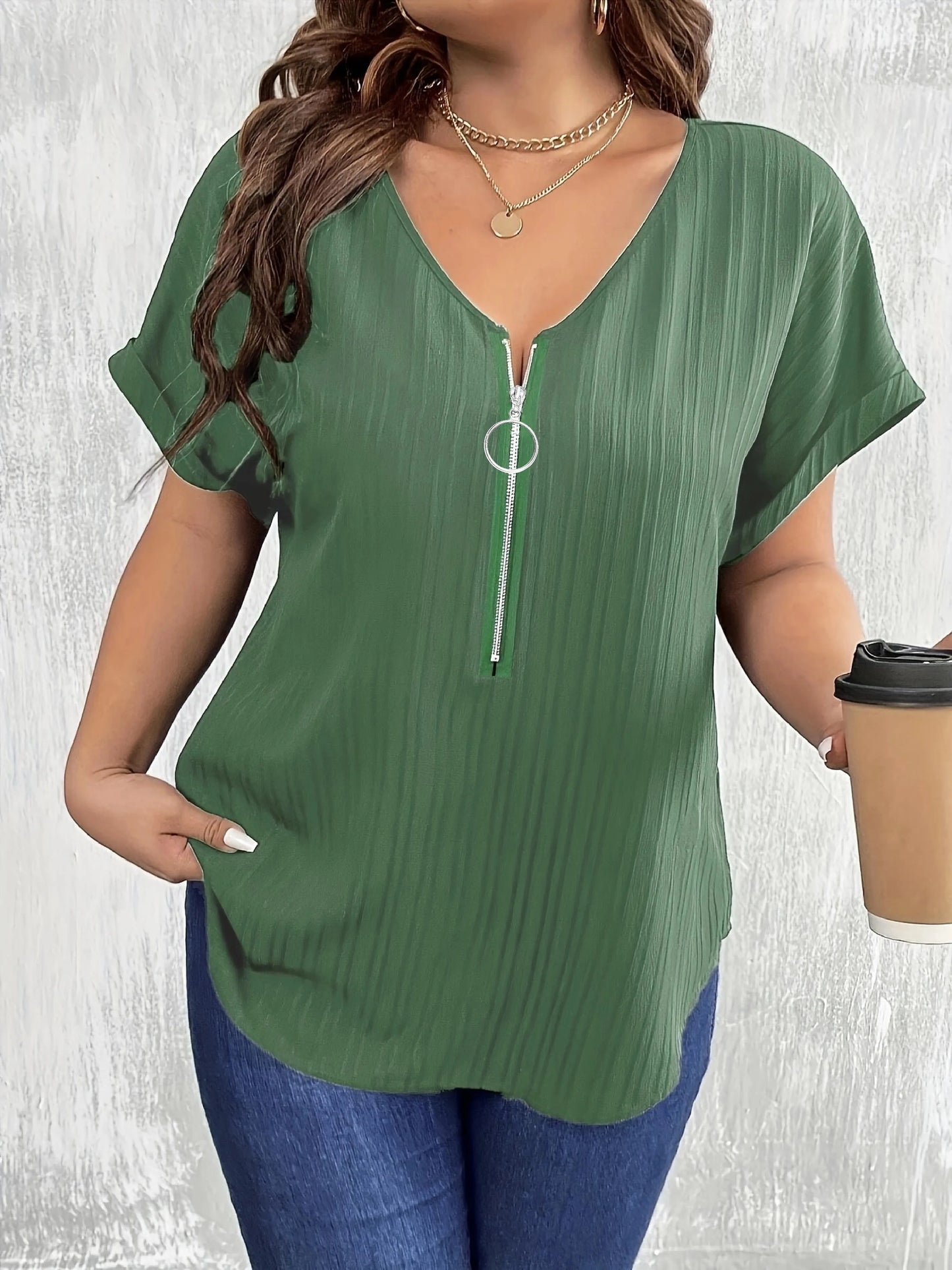 Plus Size 1XL-8XL Summer Women's Simple Solid Color T-shirt Tops Ladies Fashionable V-neck Short Sleeved Zippered T-shirt