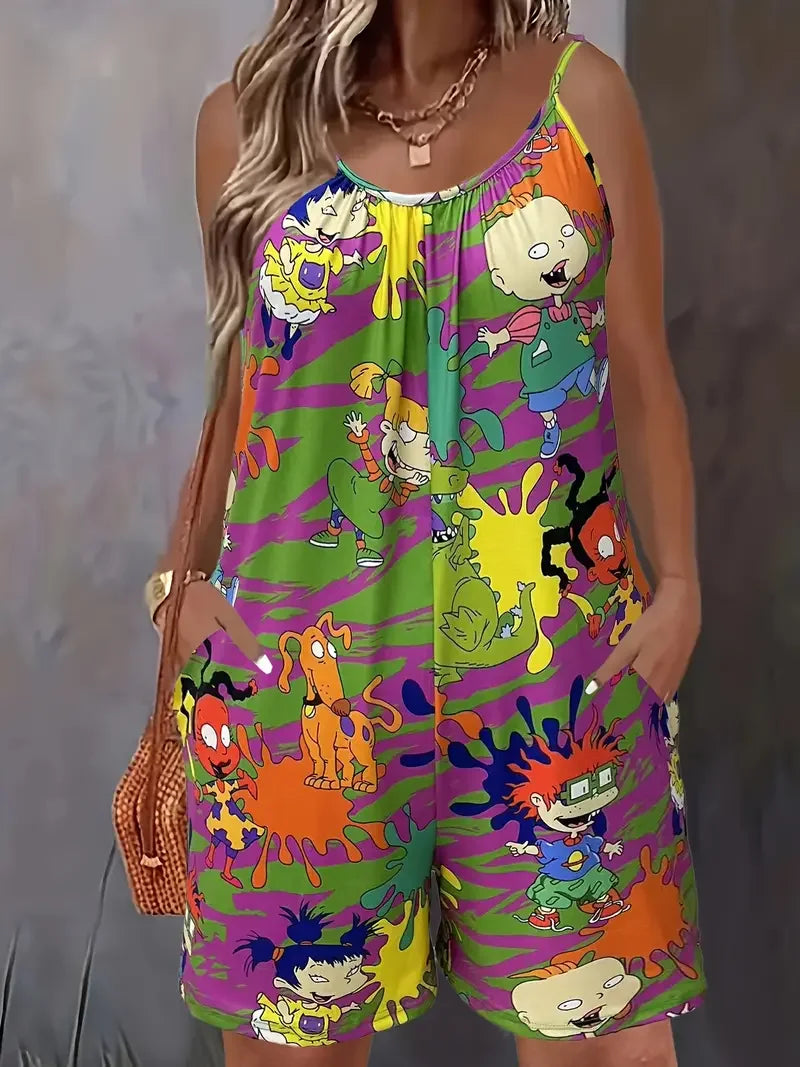 Plus Size Cartoon Print Slip Romper, Casual Ruched Crew Neck Sleeveless Pockets Romper, Women's Plus Size Clothing