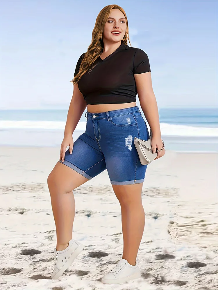 Stylish Curled Holes Denim Shorts Women Hot Pants Classic Solid Skinny Pencil Short Comfort Plus Size Mid Waist Stretchy Jeans