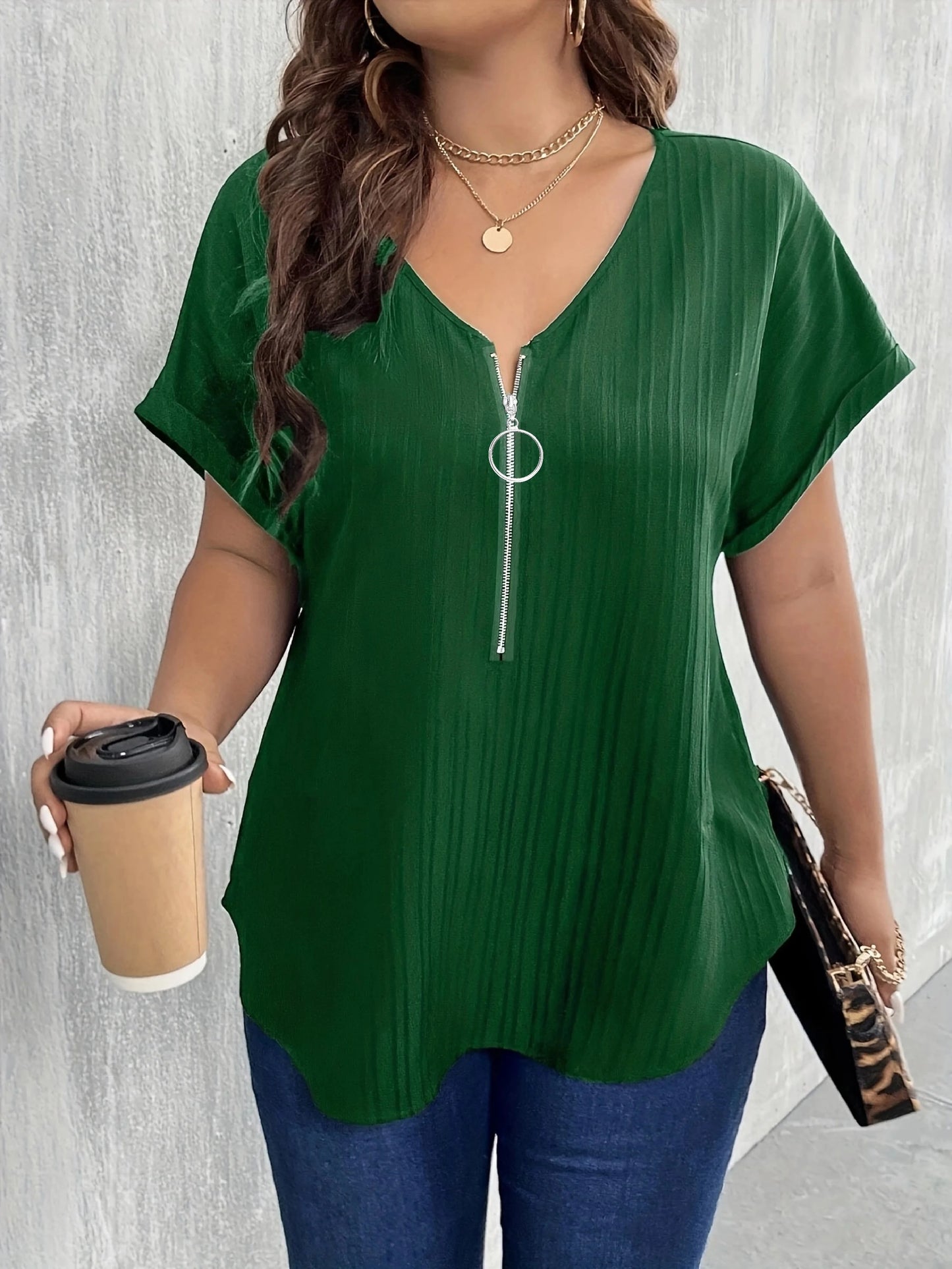 Plus Size 1XL-8XL Summer Women's Simple Solid Color T-shirt Tops Ladies Fashionable V-neck Short Sleeved Zippered T-shirt