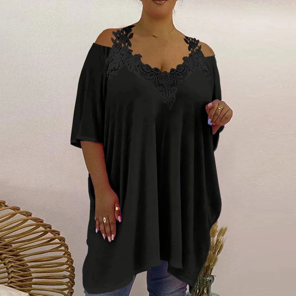 Plus Size Women's Lace V-Neck Tunic Tops Summer Cold Shoulder Casual Loose Shirt Oversized Ladies Fashion Clothes Clothing