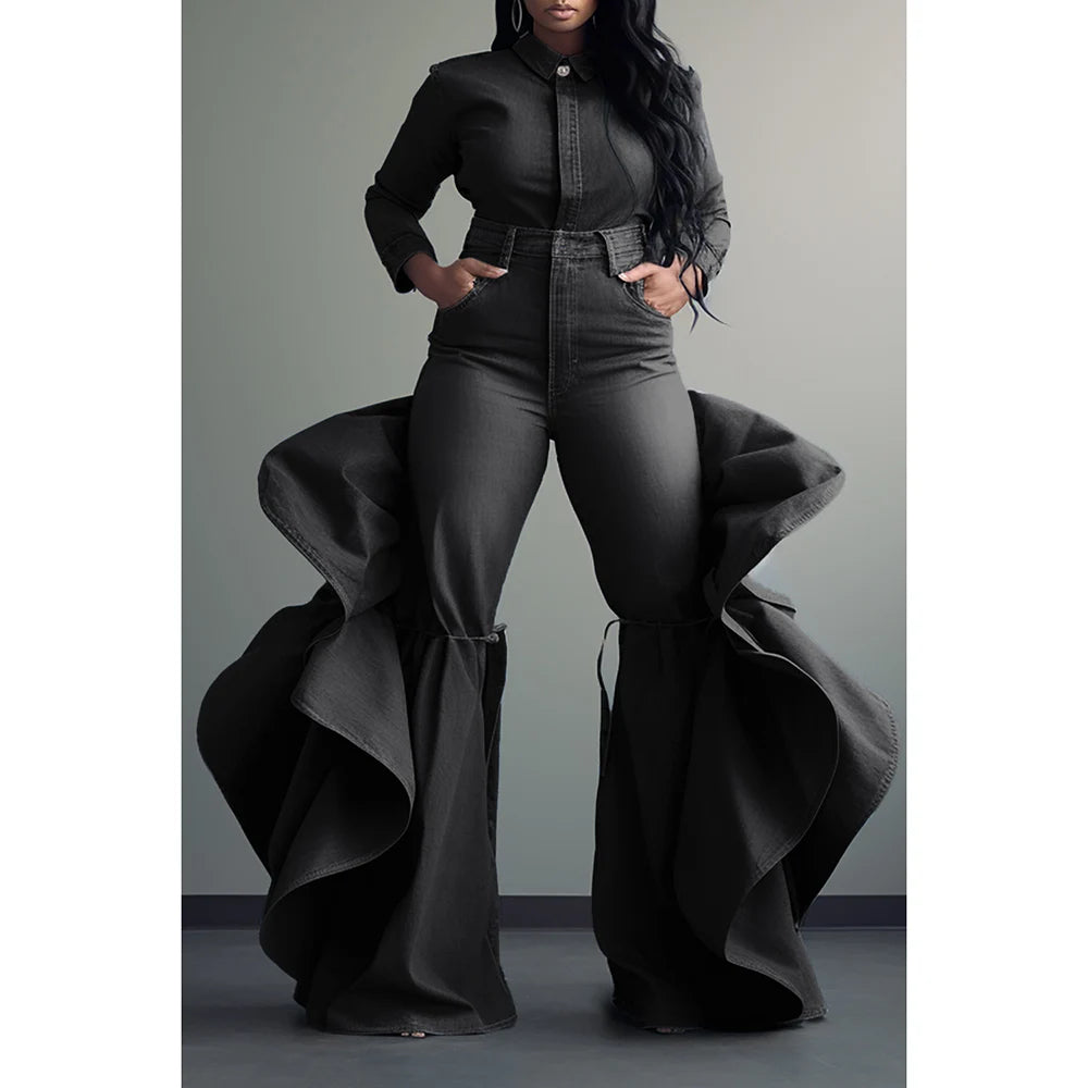 Plus Size Work Jeans Blue Denim High Waist Side Ruffles Flare Leg Jeans