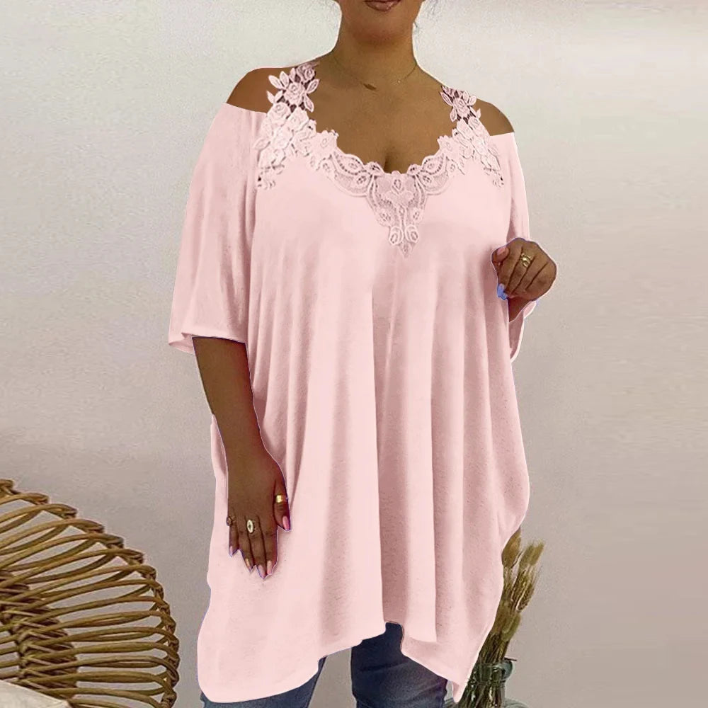 Plus Size Women's Lace V-Neck Tunic Tops Summer Cold Shoulder Casual Loose Shirt Oversized Ladies Fashion Clothes Clothing