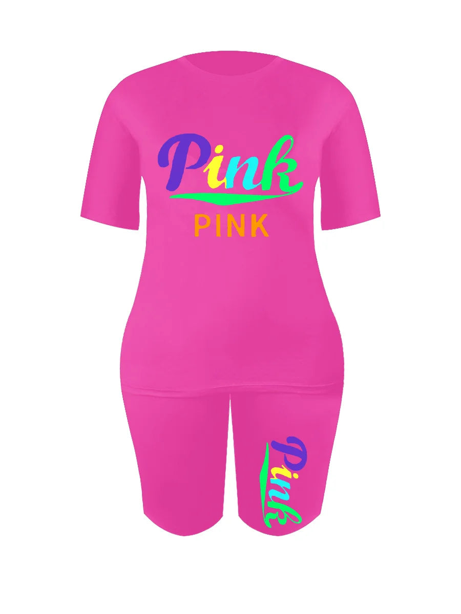 L-5XL LW Plus Size Pink Letter Print Shorts Set Summer Round Neck Skinny 2pcs Women Casual Two Pieces Shorts Set Daily Outfit