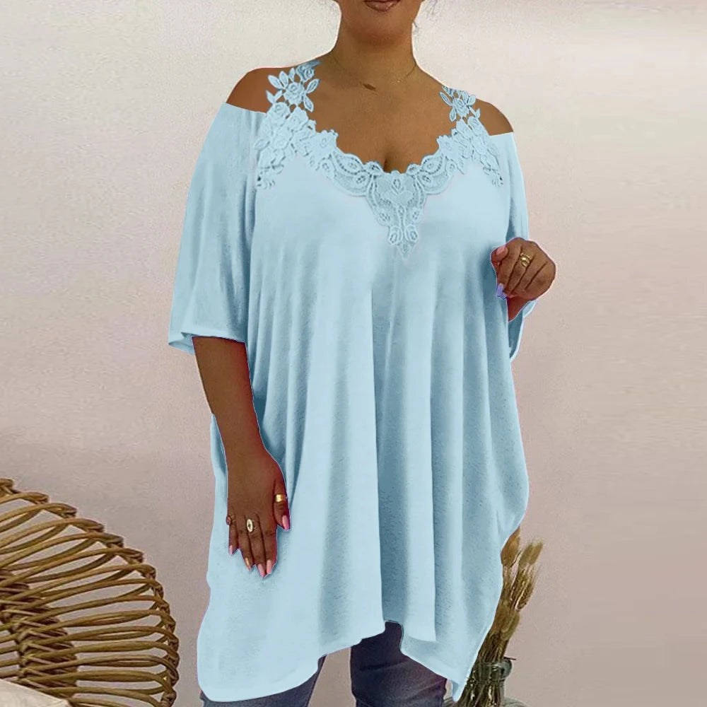 Plus Size Women's Lace V-Neck Tunic Tops Summer Cold Shoulder Casual Loose Shirt Oversized Ladies Fashion Clothes Clothing