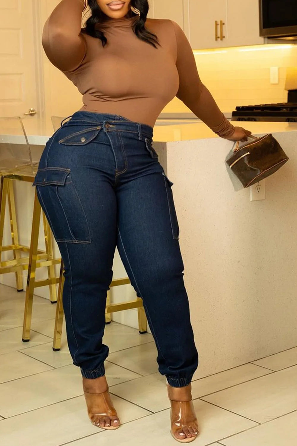 Plus Size Blue Daily Denim Asymmetric Waist With Pocket Cargo Jeans