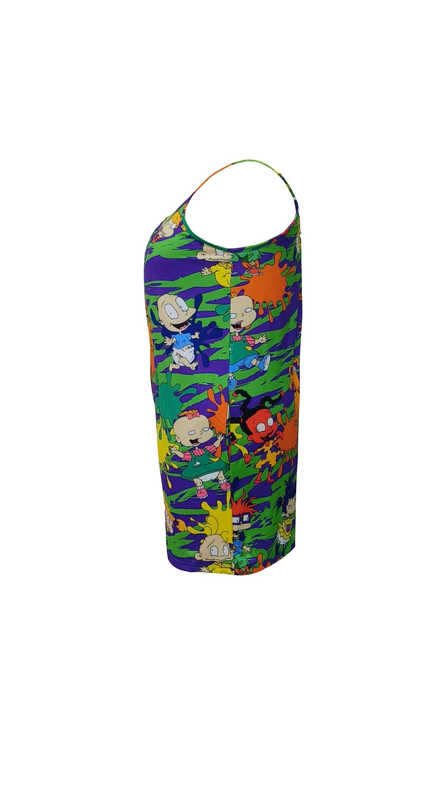 Plus Size Cartoon Print Slip Romper, Casual Ruched Crew Neck Sleeveless Pockets Romper, Women's Plus Size Clothing