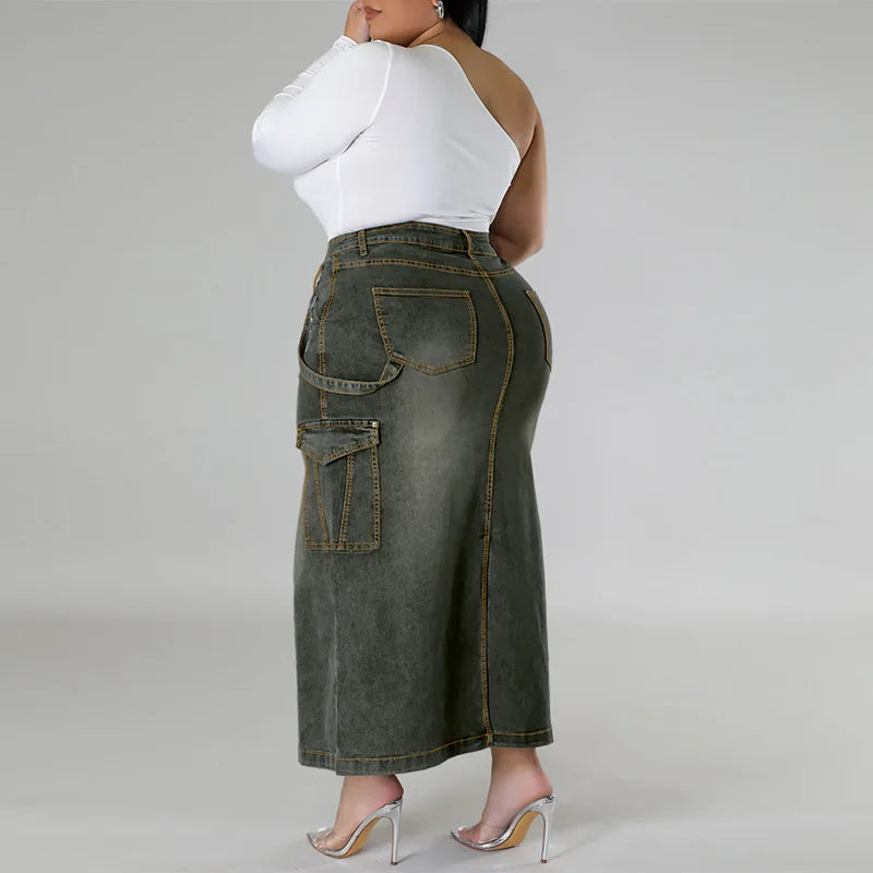 Plus Size Casual Denim Long Skirt Spring Summer High Waist Jean Maxi Skirts with Pockets Oversized Bottoms XL-5XL Jeans Clothes