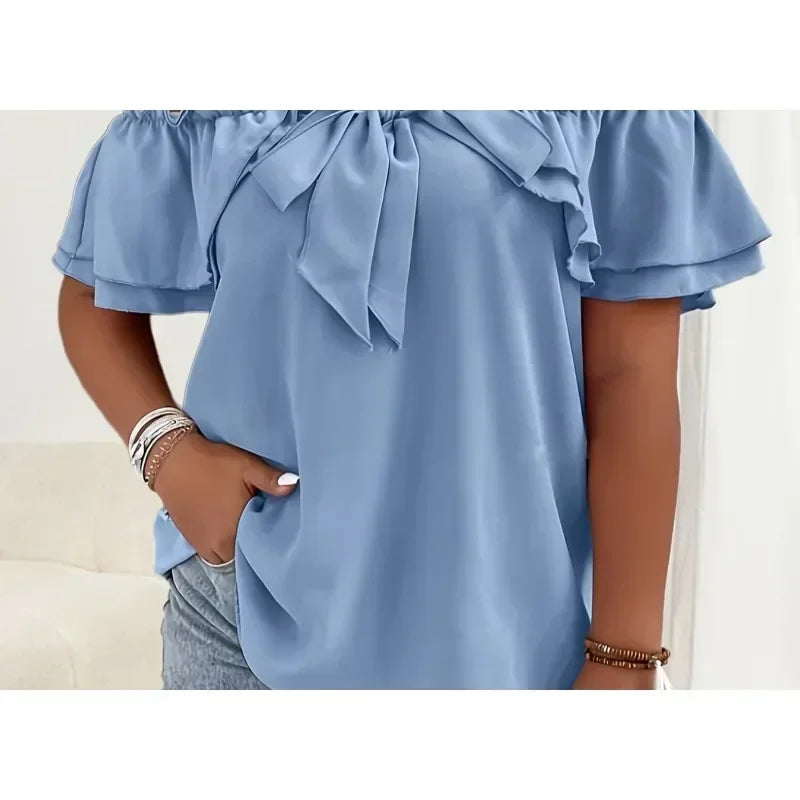 Women's Summer New Plus Size 1XL-5XL Ladies Casual Temperament Solid Color Fashion Short Sleeve Shirt One Shoulder Bow Top