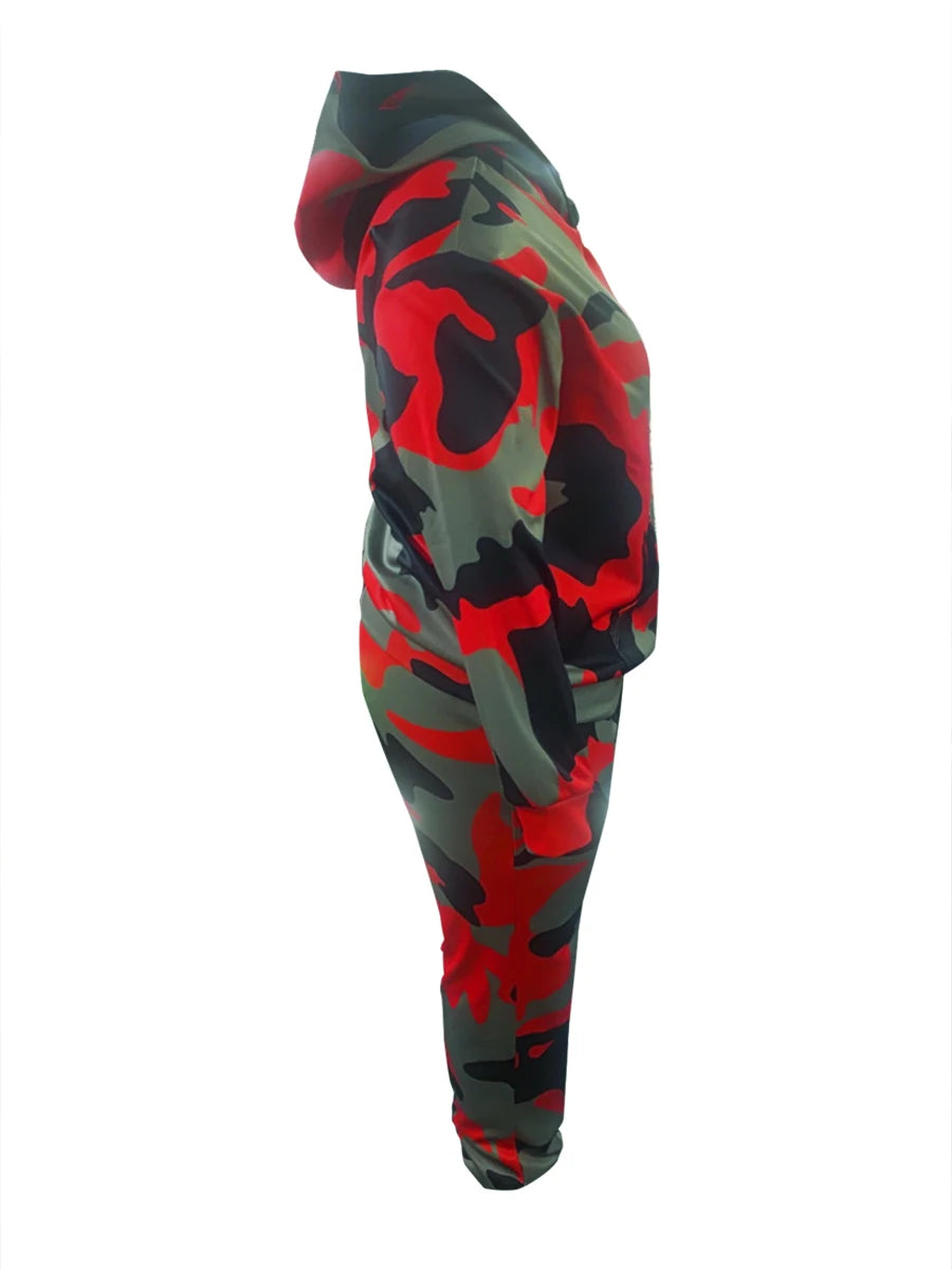 LW Plus Size Fashion Basic Women Autumn Winter Long Sleeve Hooded Collar Camo Print Kangaroo Pocket Tracksuit Sportswear Set