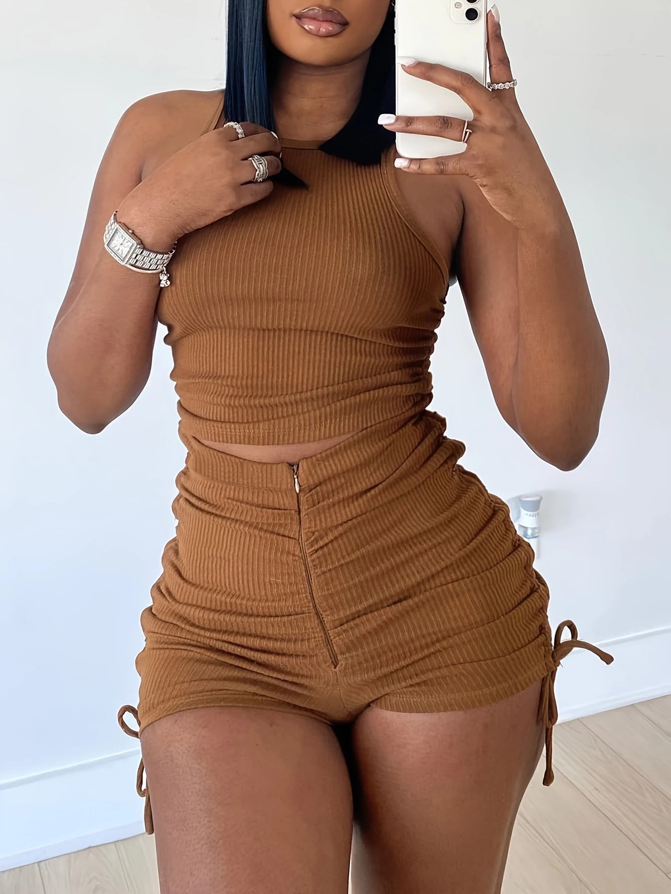 LW Plus Size Rib Knit Ruched Drawstring Shorts Set Summer High Elasticity Women's Set Tank Top and Ruched Shorts Two Piece Set