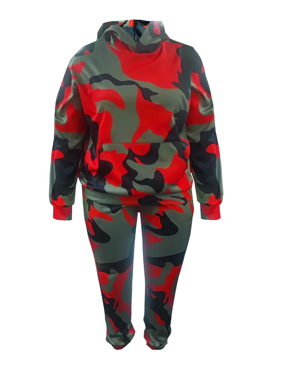 LW Plus Size Fashion Basic Women Autumn Winter Long Sleeve Hooded Collar Camo Print Kangaroo Pocket Tracksuit Sportswear Set