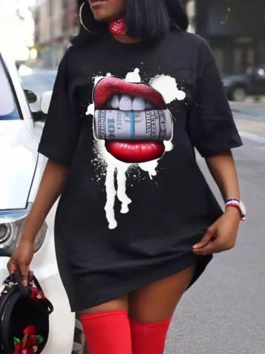 Plus Size Women's Fashion Dresses Outdoor Halter Home Stretchy Nightgowns Sexy Colourful Lips Printed Women's Street Knee Skirt